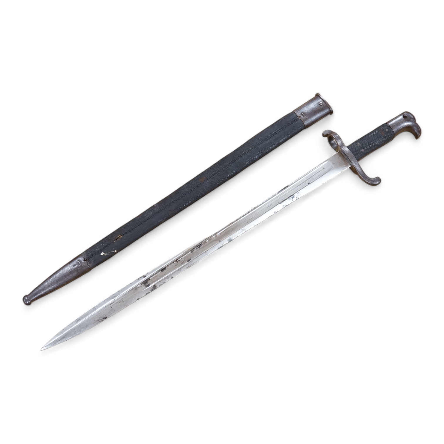 A Prussian M1865 bayonet and scabbard, blade marked with A&AS (for August & Albert Schnitzier), and Wilhelm I crown